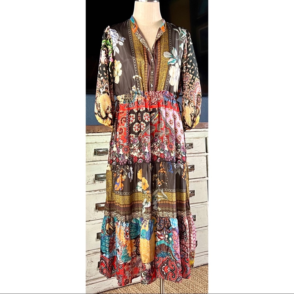 Johnny Was Tibby 100% Silk Patchwork Midi Dress XS